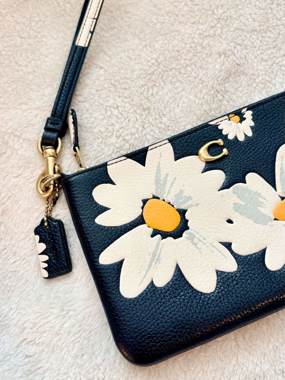 Coach Black Floral Daisy Wristlet with White & Yellow Accents - Picture 2 of 4